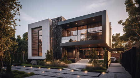 3d rendering of modern cozy house with parking and pool for sale or rent with beautiful landscaping on background. Clear summer evening with cozy light from window.の素材