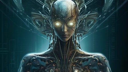 Cyborg woman 3d illustration. Futuristic cyborg female face.の素材