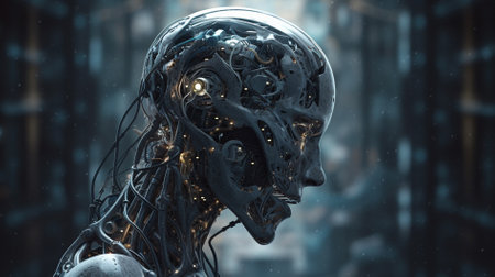 Cyborg head with gears and cogwheels. 3D renderingの素材