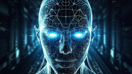 Cyborg face wireframe hologram 3D rendering on dark backgroundの素材