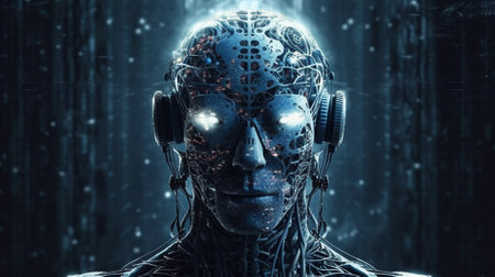 Cyborg head with headphones on dark background. Artificial intelligence concept. 3D Renderingの素材