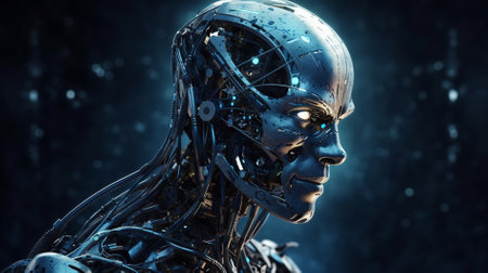 Cyborg woman face closeup. Artificial intelligence concept. 3D renderingの素材