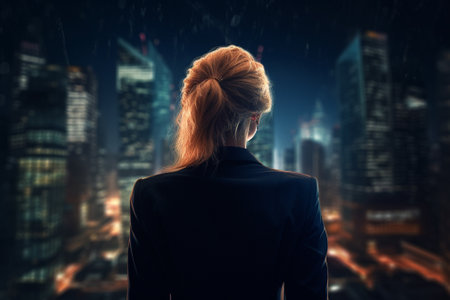 Rear view of businesswoman looking at night city with rain conceptの素材