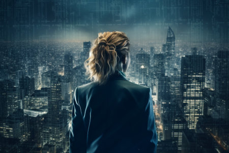 Rear view of businesswoman looking at cityscape and looking awayの素材