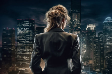 Rear view of businesswoman looking at night city and back viewの素材