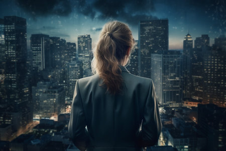 Rear view of businesswoman looking at night city with cloudy skyの素材