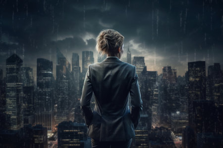 Rear view of businessman looking at night city with storm clouds conceptの素材