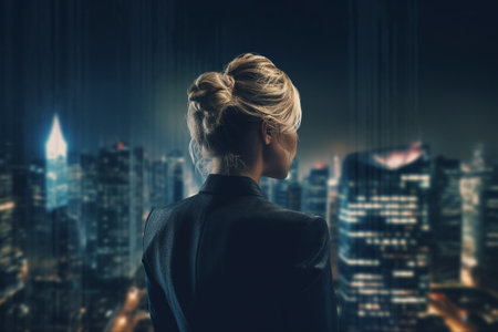 Rear view of businesswoman looking at night city panoramic viewの素材
