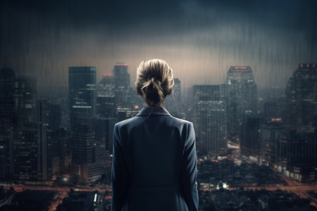Rear view of businesswoman looking at night city with rain conceptの素材