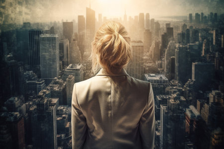 Businesswoman looking at the city from the top of a skyscraperの素材
