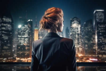 Rear view of businesswoman looking at night city at glass tableの素材