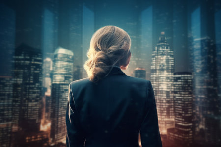 Rear view of businesswoman looking at night city with double exposure of business graphの素材