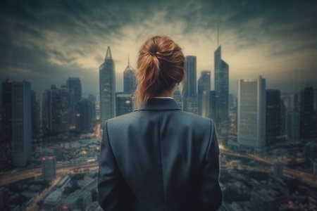 Rear view of young businesswoman looking at skyscrapers against cloudy skyの素材