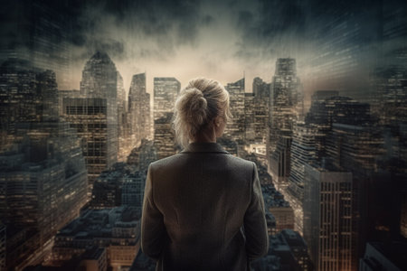 Rear view of businesswoman looking at night city panoramic viewの素材