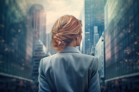 Rear view of businesswoman looking at skyscrapers in cityの素材