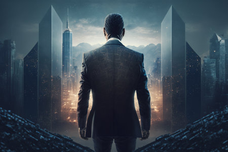 Rear view of a businessman standing in front of a cityscapeの素材