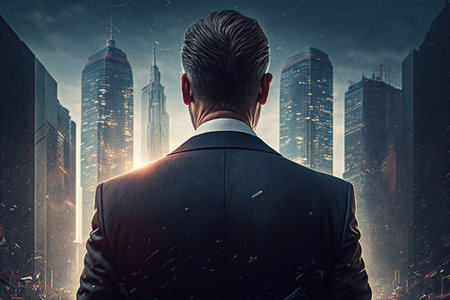 Rear view of businessman looking at modern cityscape. Mixed mediaの素材