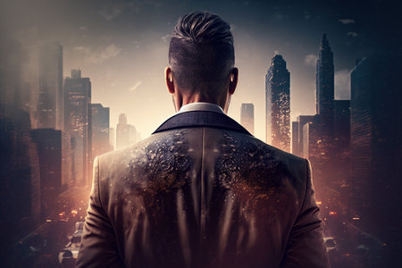 Rear view of businessman looking at night city with skyscrapersの素材