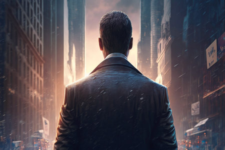Businessman standing in a city and looking at the skyscrapersの素材