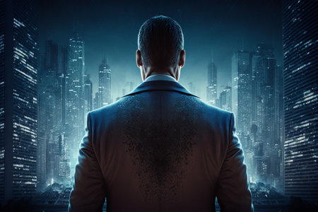 Rear view of confident businessman looking at night panoramic cityの素材