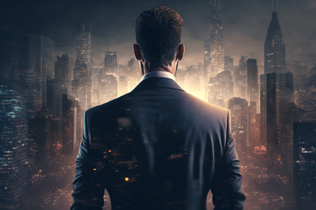 Rear view of a young businessman standing in front of a night cityの素材