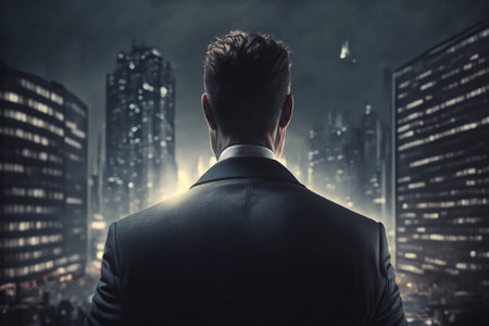 Rear view of businessman looking at night city with lights and fogの素材