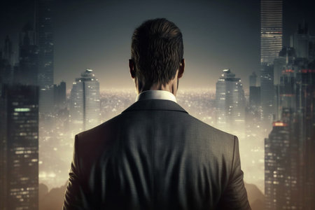 Rear view of businessman looking at night city panoramic viewの素材