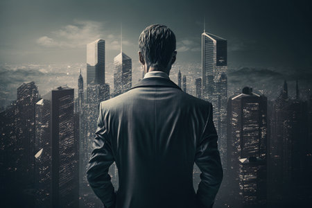 Rear view of a businessman looking at a cityscape with buildings on the horizonの素材