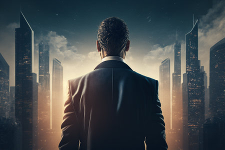 Rear view of a young businessman standing in front of a cityscape.の素材