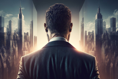 Back view of businessman looking at modern cityscape and sunlight. Mixed mediaの素材