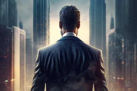 Back view of businessman looking at modern city. 3D Renderingの素材