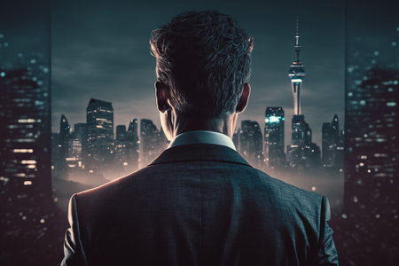 Rear view of a young businessman looking at a night city.の素材