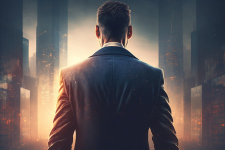 Rear view of a young businessman standing in front of a cityscapeの素材