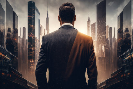 Back view of businessman looking at modern city with double exposure of skyscrapersの素材