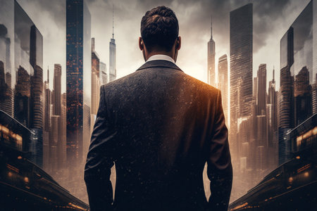 Back view of a businessman standing in front of modern city background.の素材