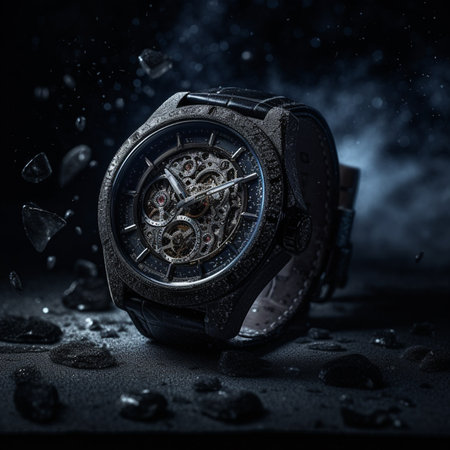 Wristwatch with broken glass on dark background. Time concept.の素材
