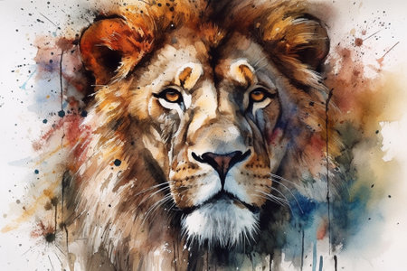 Lion portrait on watercolor background. Hand drawn illustration for your designの素材
