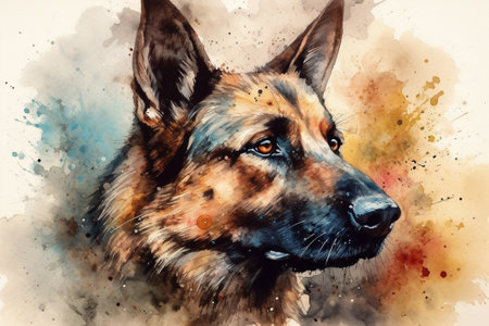 Watercolor portrait of a German shepherd dog. Digital watercolor paintingの素材