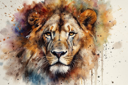 Watercolor portrait of a lion with colorful splashes on white backgroundの素材