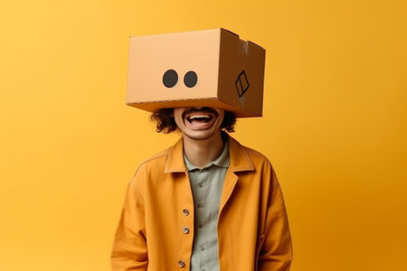 excited african american man in yellow trench coat and cardboard box on head isolated on yellowの素材