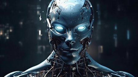 Cyborg woman robot 3d rendering on a dark background with lightsの素材