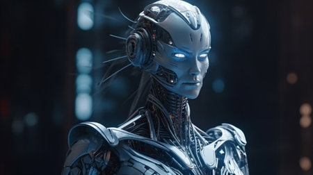 Cyborg cyber woman in futuristic cyber space suit. 3d renderingの素材