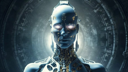 Cyborg woman in front of futuristic technological background 3D rendering elementsの素材