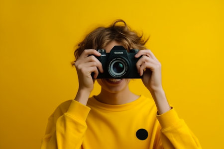 Portrait of a cute girl with a camera on a yellow backgroundの素材