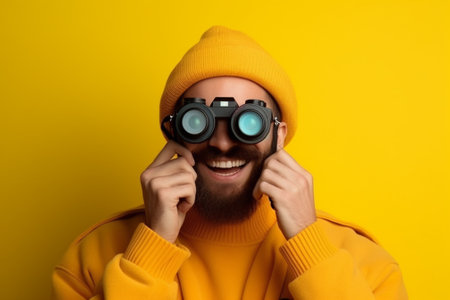 Young man in yellow hoodie and hat with binoculars on yellow backgroundの素材