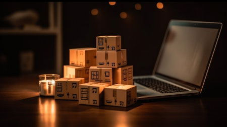 Cardboard boxes and laptop on a wooden table. Online shopping conceptの素材