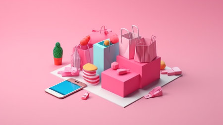 3d rendering of pink paper shopping bags and smartphone on pink backgroundの素材