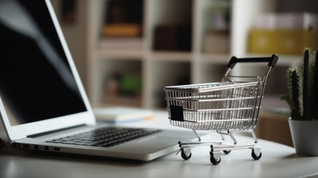 Shopping cart and laptop on the table. Online shopping concept.の素材