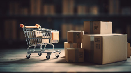 Shopping cart with boxes on a wooden floor. Online shopping conceptの素材
