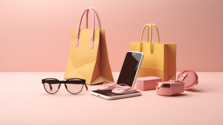 Smartphone with shopping bags and accessories on pink background. 3d renderingの素材